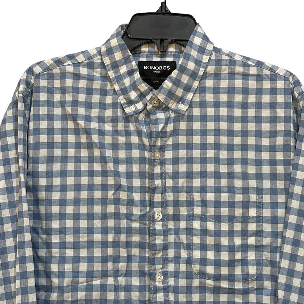 Bonobos Button Up Shirt Mens Size L Blue White Checkered Slim Fit Preppy